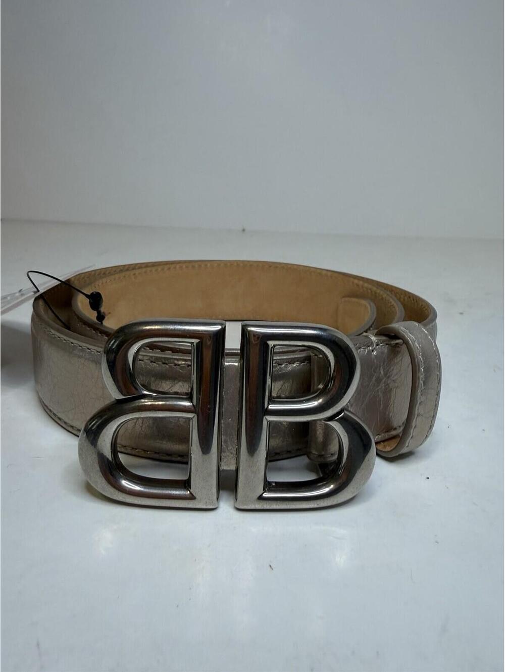Balenciaga BB Logo Belt Metallic Arena Calfskin Stone Beige 75cm New Tags - Picture 2 of 7